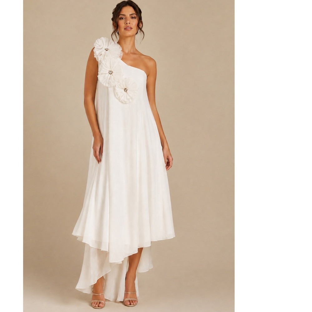 NEW Mac Duggal White One Shoulder Rosette High Low Chiffon Formal Gown Dress 2